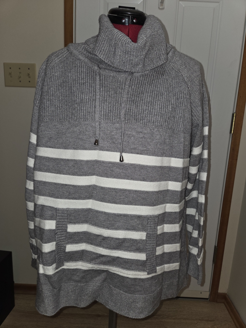 Gray and White Striped Women’s Pullover Turtleneck Sweater